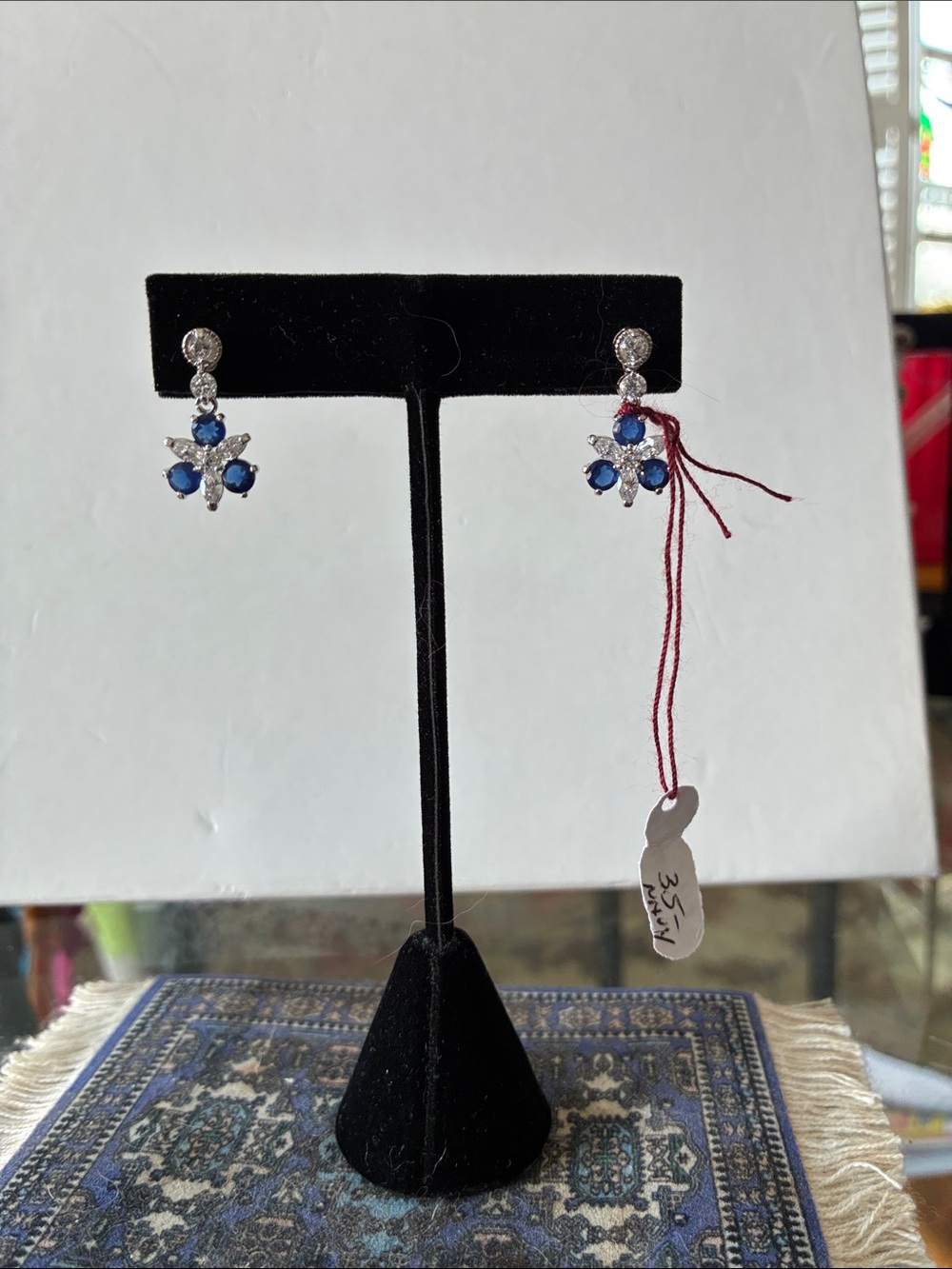 Blue Crystal Drop Earrings - Silver Tone